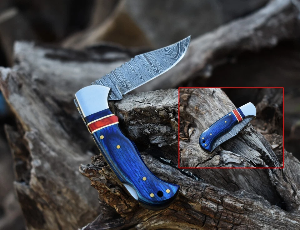 Cuchillo de bolsillo plegable con bloqueo trasero hecho a mano Damasco camping caza cuchillo bolsa Foto 2 de 4
