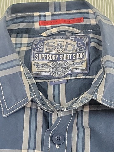 Superdry Shirt Mens L Large Blue Check Shirt Pocket 100% Cotton Short Sleeve - Picture 3 of 4