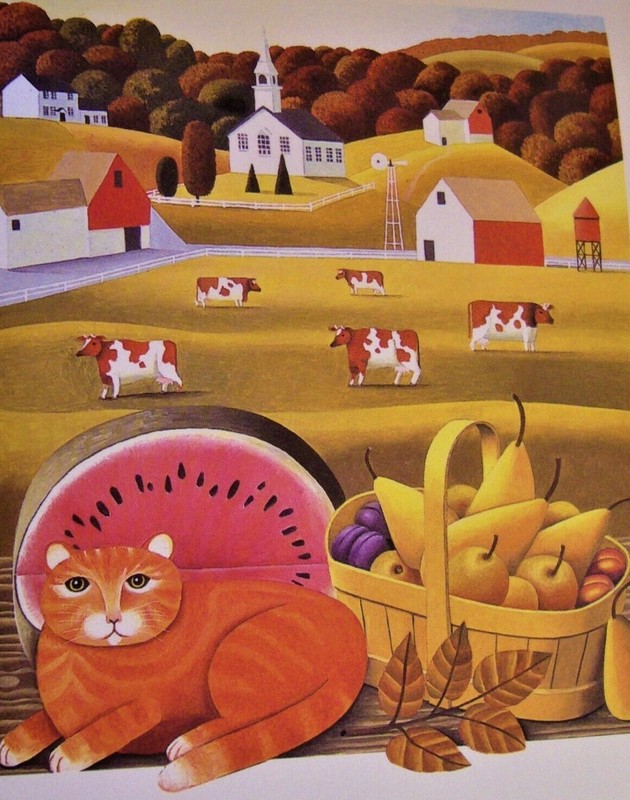 Cat Postcard Country Folk Art Reg Cartwright Cows Farm Watermelon New Unused
