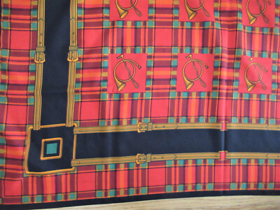 Vintage Equestrian Theme Scarf Red Green Gold Black Polyester Italy 34'' FALL