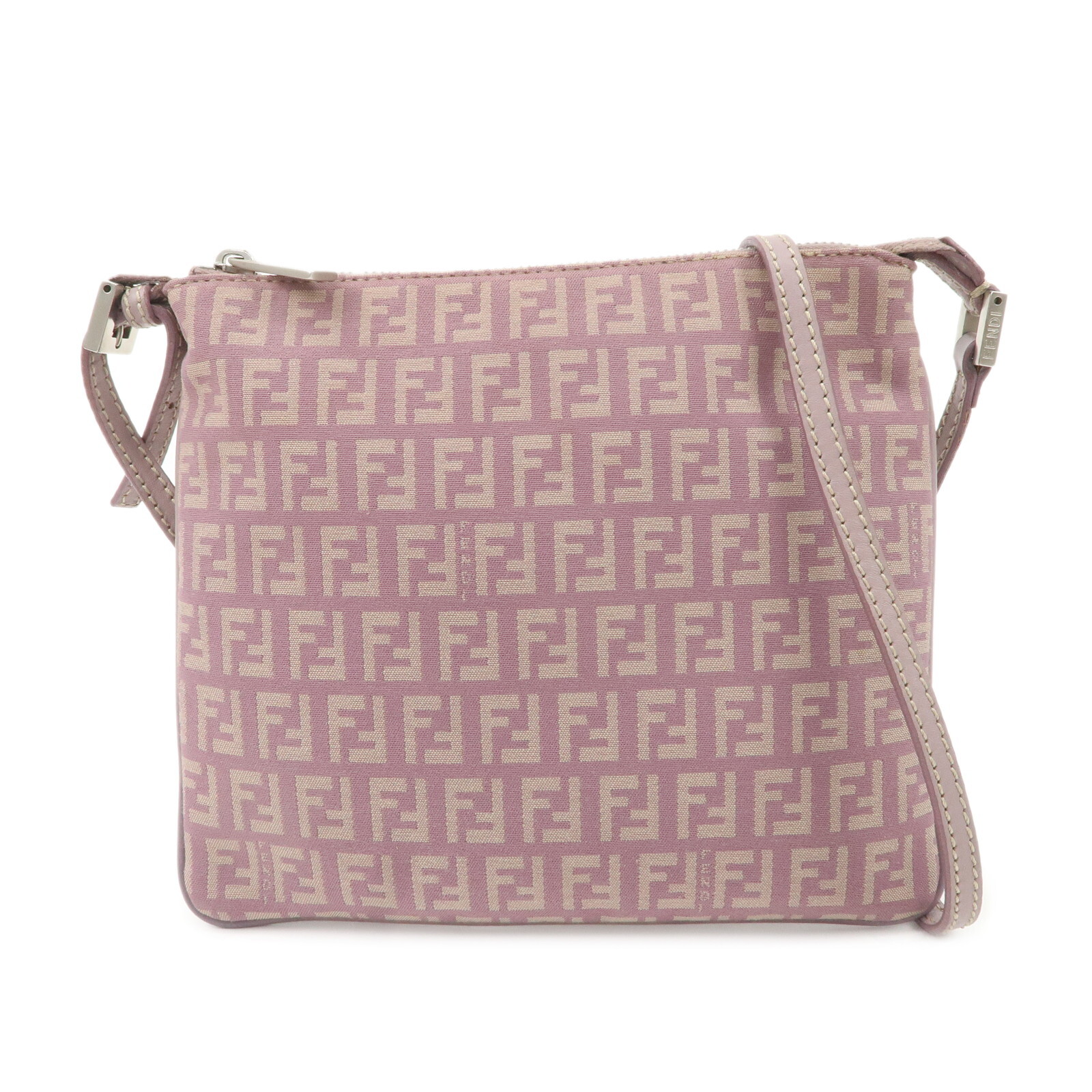 FENDI Zucchino Canvas Leather Shoulder Bag in Purple & Beige 8BT047 Preowned Fast Shipping