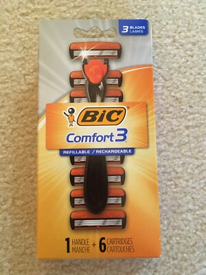 Bic Comfort 3 Comfort3 Refillable Razor Handle with 6 Cartridges - NEW IN BOX