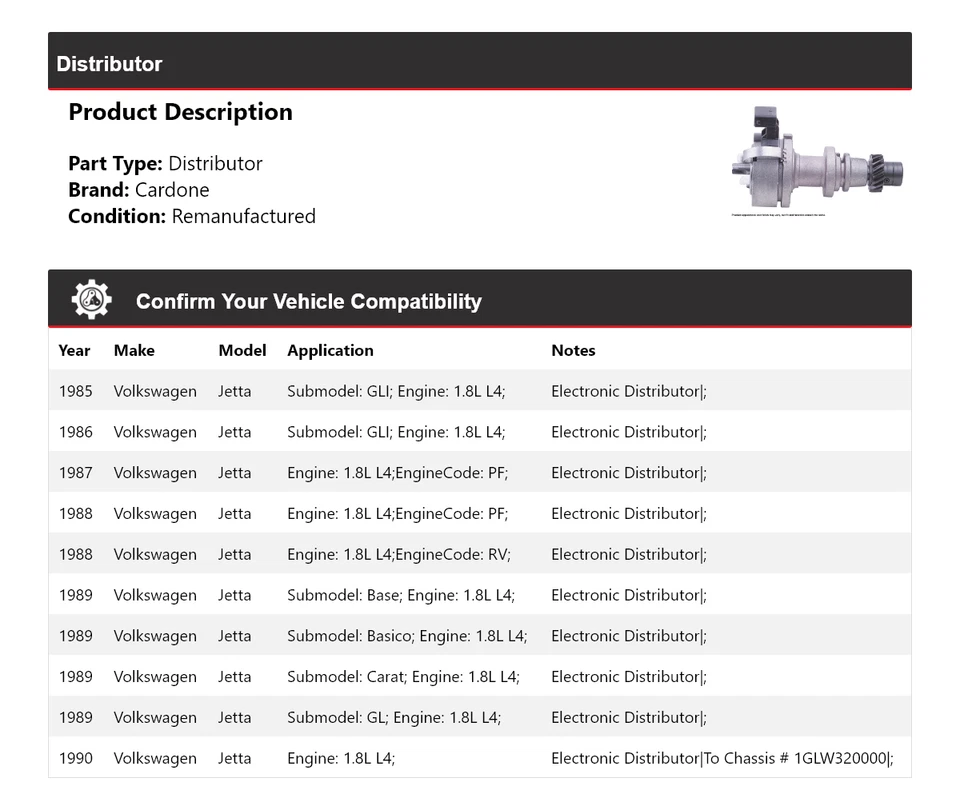 Para Volkswagen Jetta 1985-1990 1.8L L4 Distribuidor Cardone 1986 1987 1988 1989 Foto 2 de 4