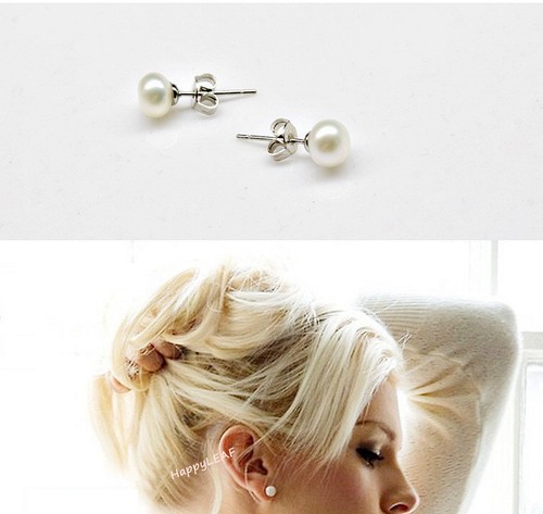 Pendientes de perla de agua dulce blancos de 7-8 mm de esterlina con poste plateado y espalda nupcial - Imagen 6 de 9