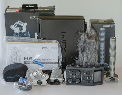Zoom H6 Six-Track Portable Recorder w/ Three Microphone Heads, Case, Boxes Etc