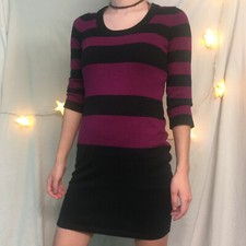 Pink Rose Purple Black Stripe Sweater Dress