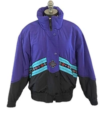VTG TYROLIA Womens 12 L Purple Black Aztec Tribal Embroidered Puffer Ski Jacket