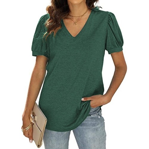 Womens Puff Short Sleeve V-Neck T-Shirts Casual Loose Fit Solid Color Tunic Top - Picture 29 of 38
