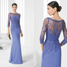 Mother of the Bride Dress Jewel Neck 3/4 Sleeve Illusion Applique Sequined Bead