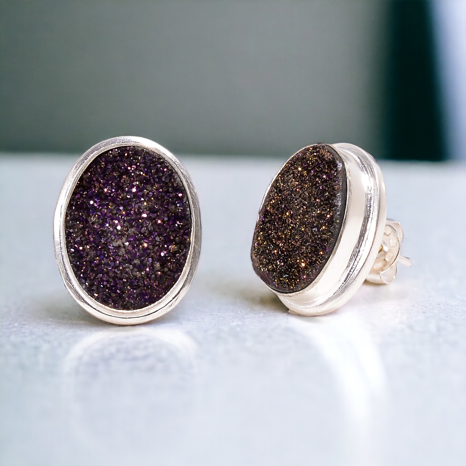 Natural Titanium Druzy Gemstone Stud Dainty Earrings 925 Silver For Girls