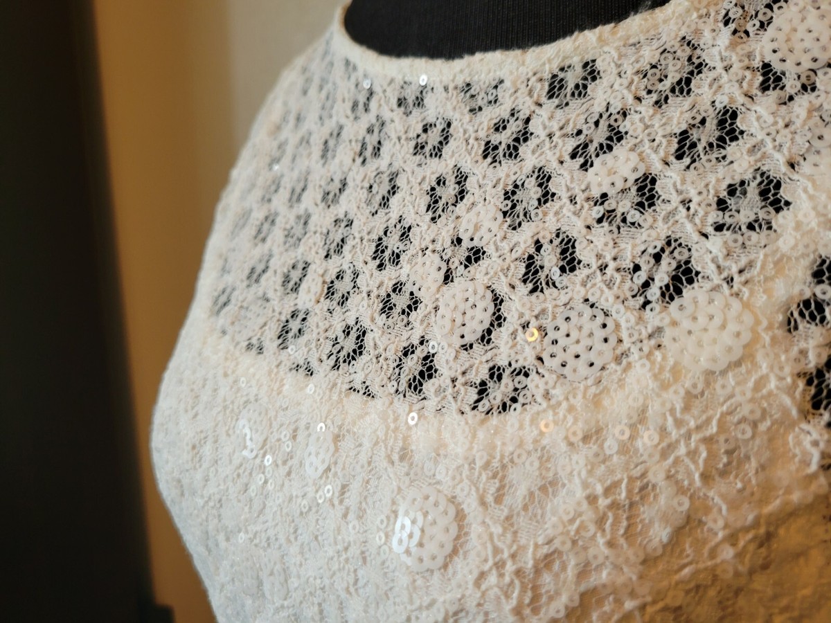 White Lace & Sequence Top w/ Built in Cami, By SKYES THE LIMIT, Cap Sleeve, Sz S View 6