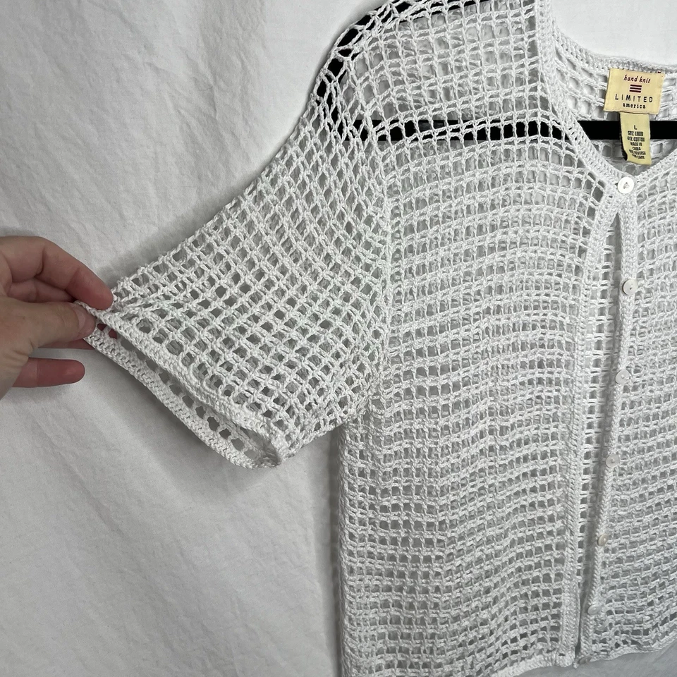 复古 LIMITED America 手工针织白色 SS 开衫毛衣 尺寸 L 开放式针织亚麻 — 第 3/4 张图片