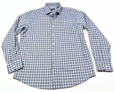 Hugo Boss Shirt Mens 17.5 Blue White Plaid Cotton Woven Regular Fit Button-Up