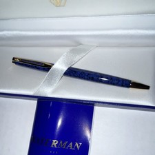 Waterman Blue Metal Ballpoint Pen Gold Trim B...