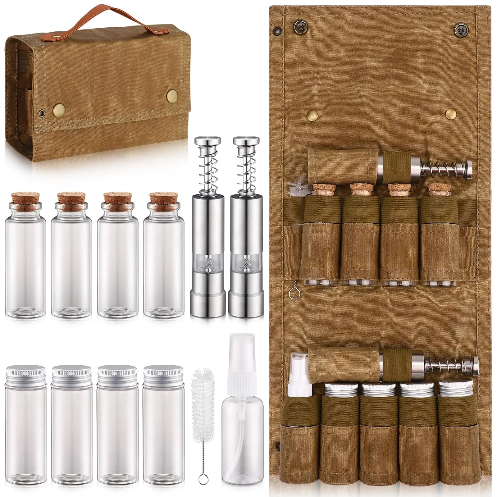 Camping Spice Kit with 9 Jars, 2 Salt/Pepper Grinders, Portable Spice Bag, Fo...