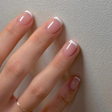 White French Tip Press on Nails Short Square Fake Nails Pink Glossy Acrylic