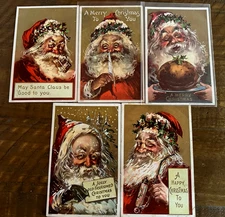 Lot of 5~Santa Claus with Pipes~Pen~Pudding~Antique Gold Christmas Postcards Set