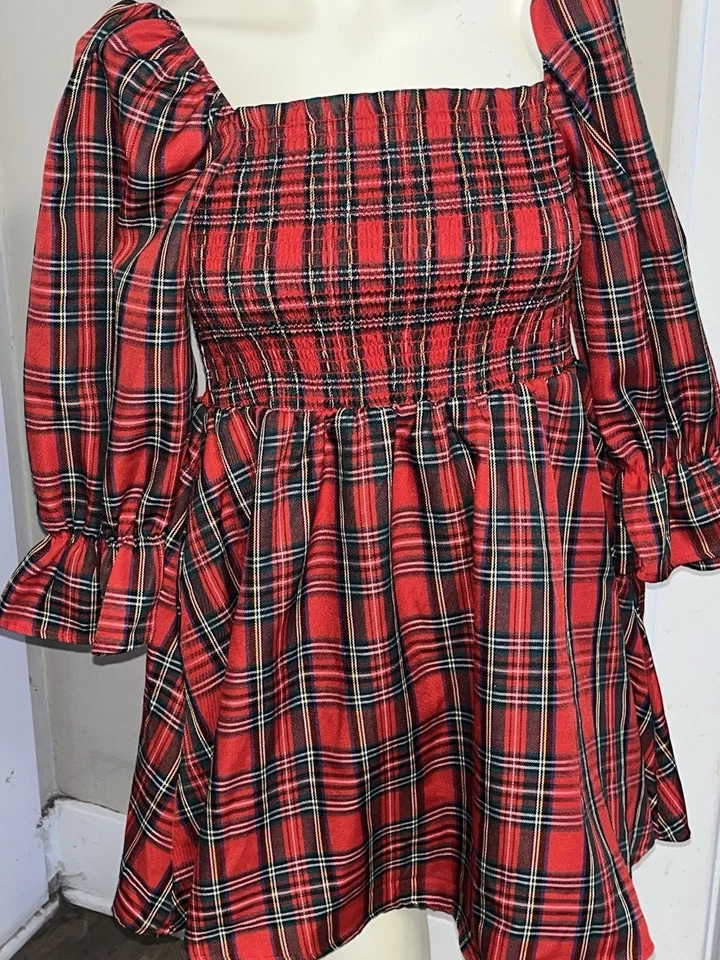 Francesca’s Holiday Red Plaid Smocked Top Mini Dress - Women’s US Medium New NWT - Image 2 of 4