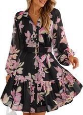 Womens Floral Mini Dress Long Sleeve Chiffon Button Swing Wedding Guest Party