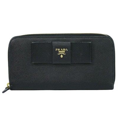 PRADA Bow Leather Round Zip Long Wallet Black Gold