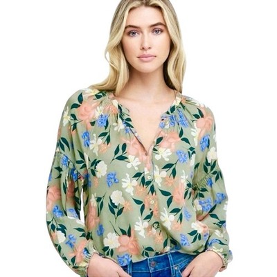 Frye Blouse Women's Size Small Green Multi Floral Print Last Dance Peasant Top