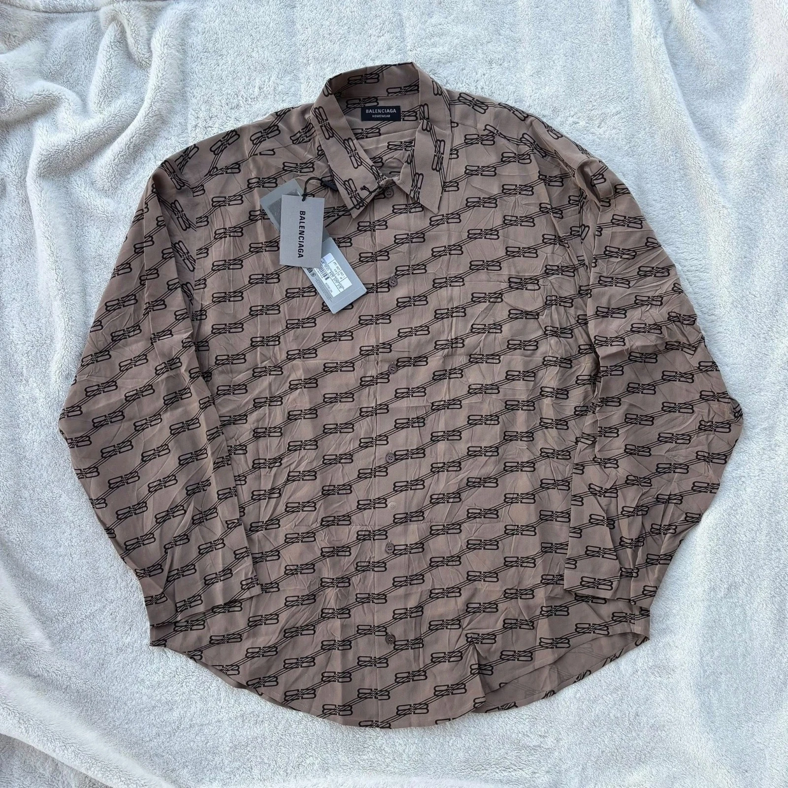 Balenciaga — Balenciaga Beige Monogram Silk Button Up Shirt - XL - $1650 - Authentic - New