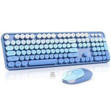 Wireless Keyboard Mouse Combo Full Size Typewriter Retro PC Blue Gradient