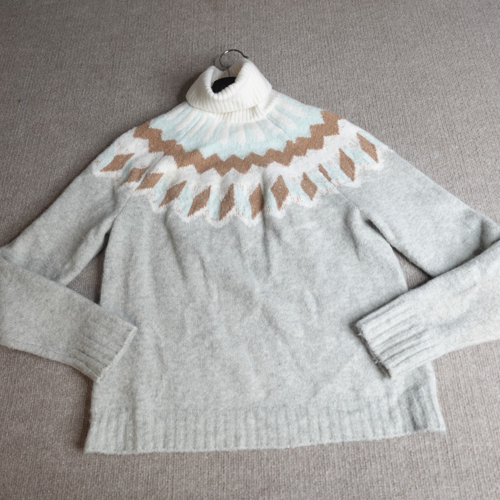 J.Crew Womens Sweater Small Gray Turtleneck Wool Alpaca Fair Isle Raglan AF026