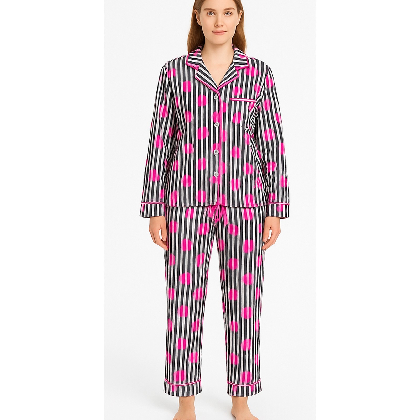 Dkny Pigiama Donna Bianco Nero Taglia M In Pile Due Pezzi Righe Pois Per Notte