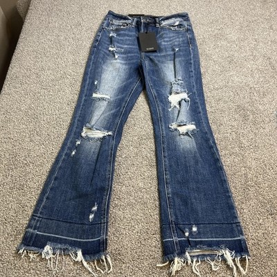 Risen Jeans Womens 3 26 Blue Distressed Flare Raw Hem Frayed High Rise RDP1458