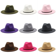 Wide Brim Felt Fedora Jazz Hat Panama Trilby Cap w Belt Buckle for Men Women