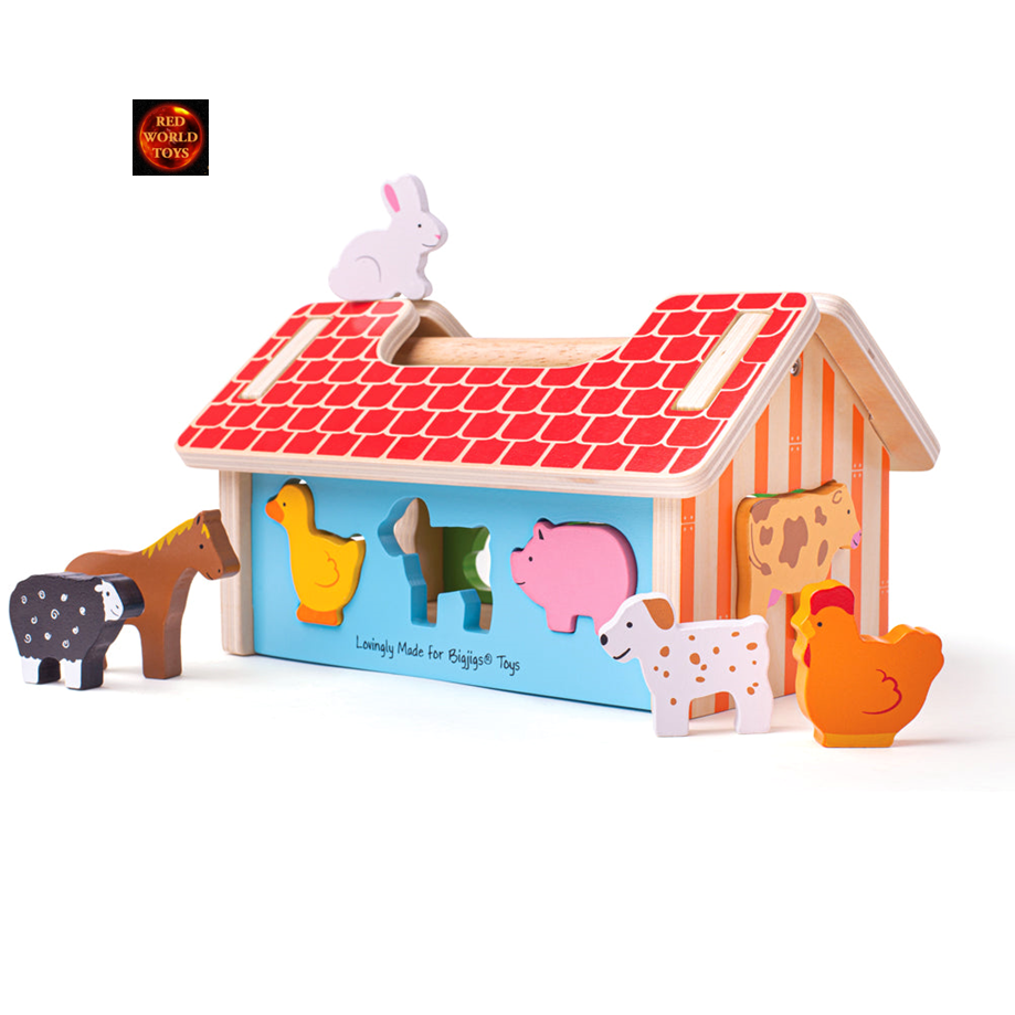 Wooden Farmhouse Sorter Barn with Farm Animals Toddler Toy - New