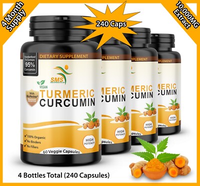 4X Turmeric Curcumin 95% With Black Pepper Pills Extra Strength Tumeric 240 Caps