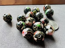 15 Pcs Cloisonn  12mm Round Black Floral Beads Artisan Jewelry Making Lot
