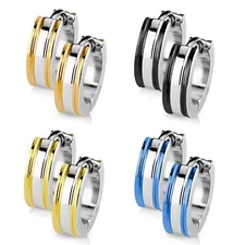 Stainless Steel Dual Stripe Huggie Hoop Earrings Black Blue Rose Gold Plated