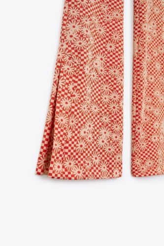 NEW ZARA Orange Daisy Print Flare Bottom Pants Size S Boho Hippie 70s Peace - Picture 4 of 7