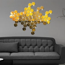2PCS 3D Mirror Hexagon Art Removable Wall Sticker Mural Decal DIY Home Decor в