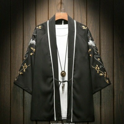 Men Embroidery Linen Blend Kimono Jacket Cardigan Coat Outwear Japanese Casual