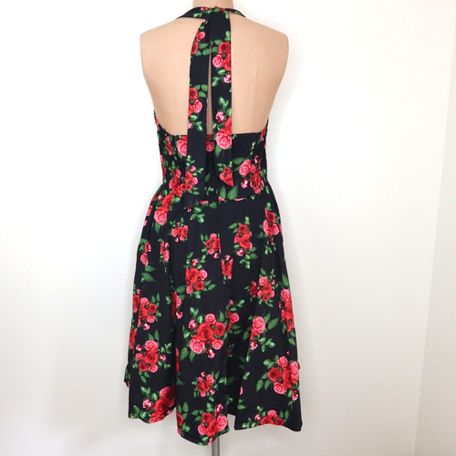 Hell Bunny Vixen Floral Halter Neck Dress SZ L Rockabilly Full Skirt Swing Retro - Picture 4 of 8