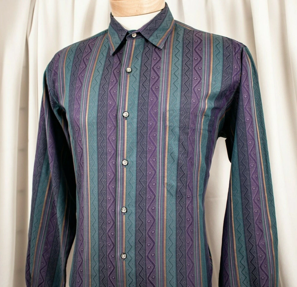 Camisa de vestir SAKS FIVE AVENUE verde púrpura azul dorado a rayas de algodón para hombre talla M Foto 4 de 4