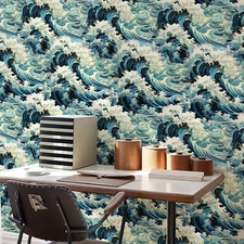 Jiffdiff Blue White Sea Wave Ocean Peek and Stick Wallpaper for Bedroom 17"X120"