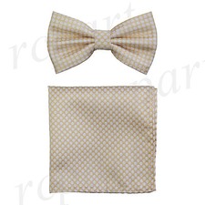 New Men micro fiber Pre-tied Bow tie  hankie gold beige polka dots formal party