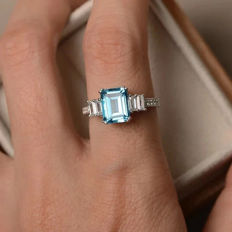 Emerald Cut 2.70 Ct Natural Aquamarine Diamond Engagement Ring 14K White Gold - Image 4 of 4