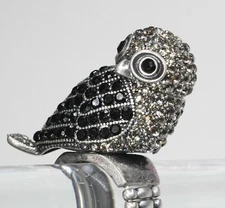 Statement 3D Owl Bird Grey Pave Crystal Black Cocktail Adjustable Ring