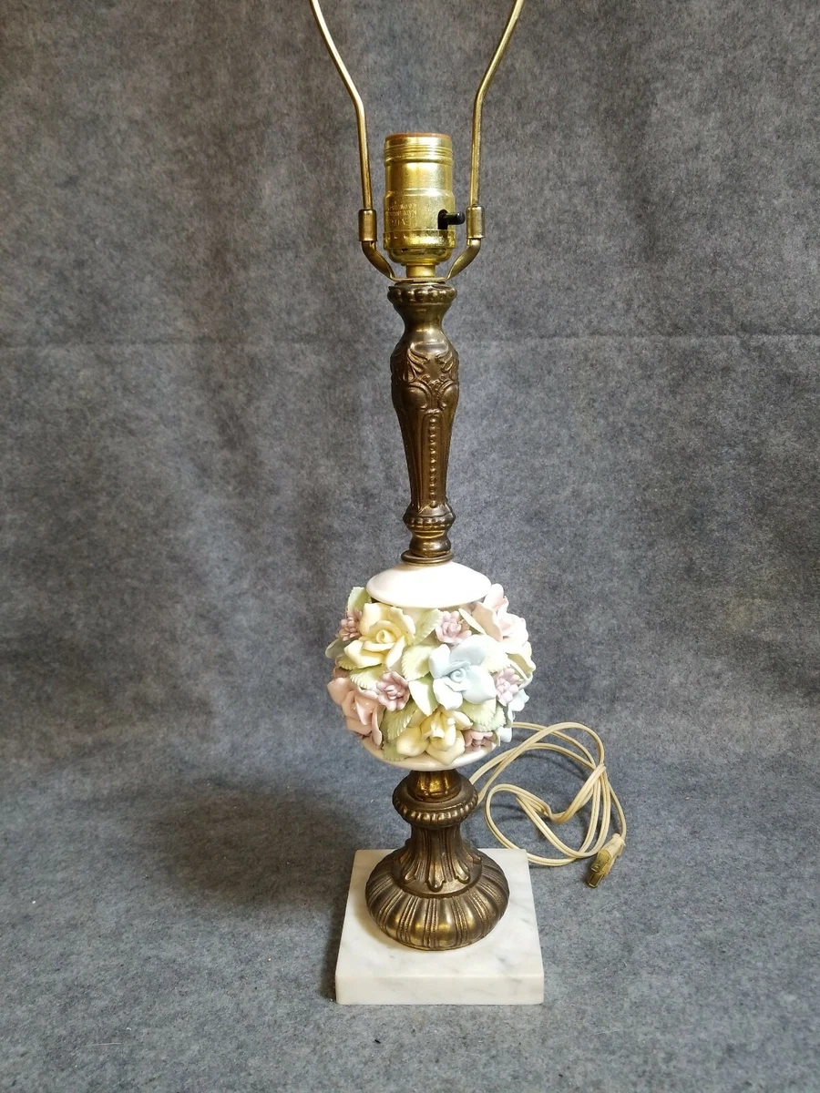 Vintage Porcelain Flower Lamp with Marble Base, Made in Italy