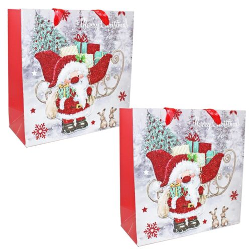2 Paquet 3D Noël Cadeau Sacs 16cm x 16cm Pailleté - Santa Traîneau - Imagen 1 de 3