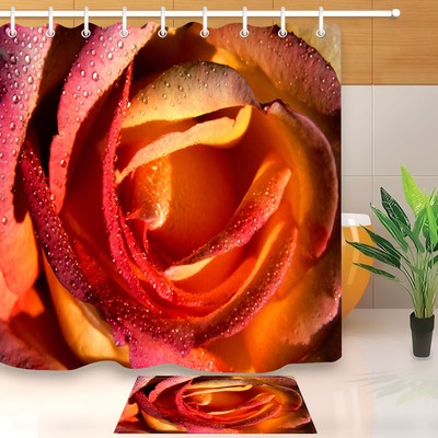 72/" Beautiful Red Rose Shower Curtain Liner Bathroom Mat Waterproof Fabric Hooks
