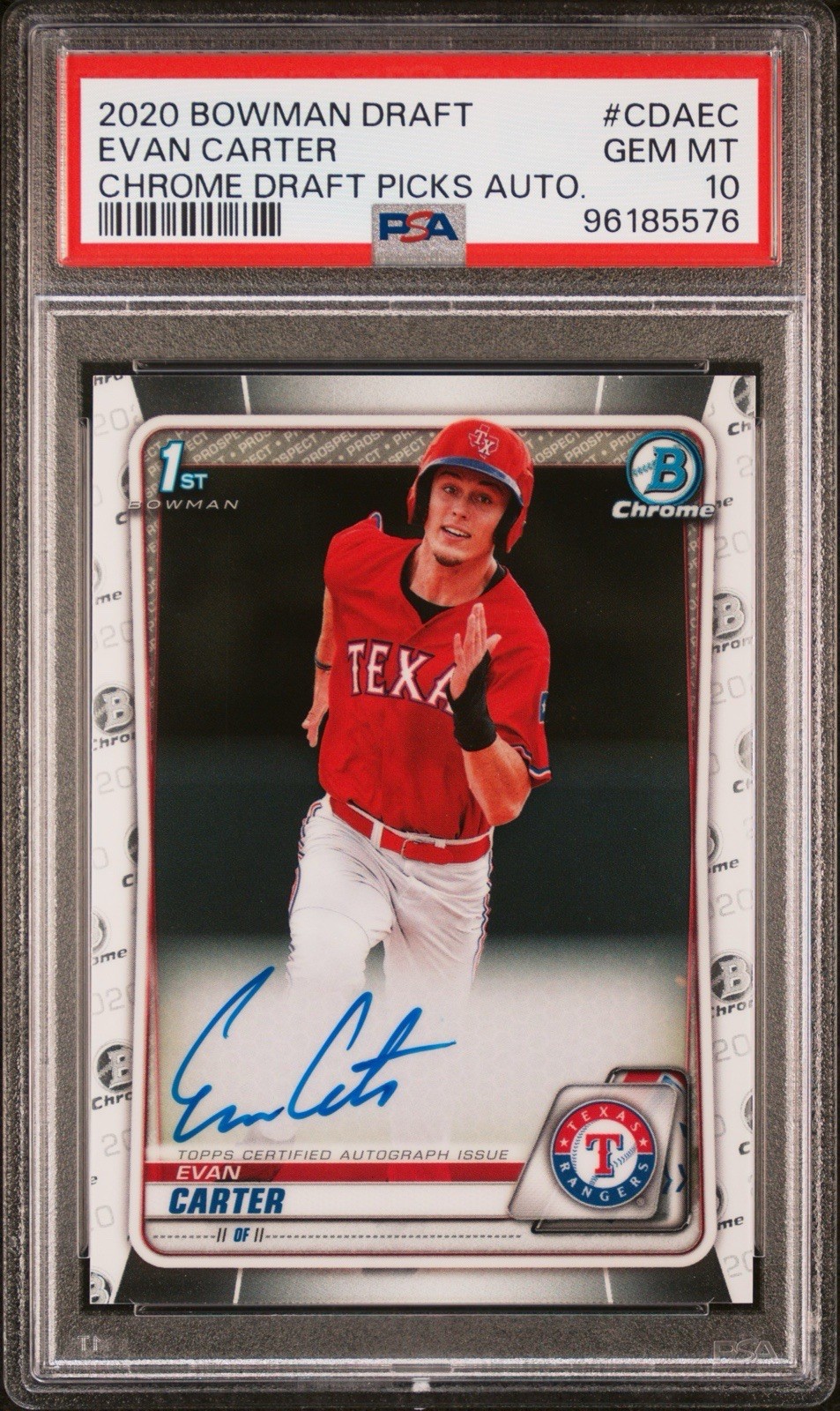 Evan Carter 2020 Bowman Chrome Draft Picks 1st Auto Rangers PSA 10 GEM #CDAEC