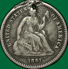 1861 Seated Liberty Half Dime Very Fine VF Coin, Damaged #34180