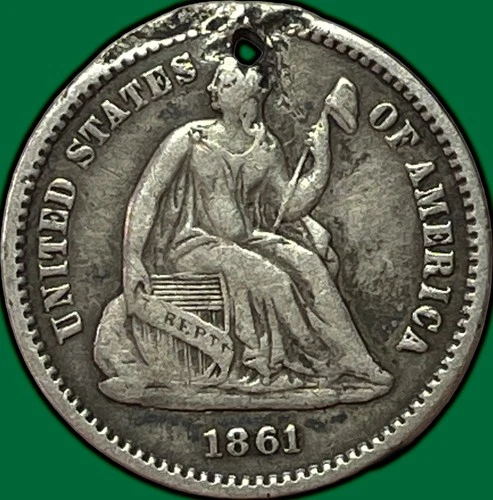 1861 Seated Liberty Half Dime Very Fine VF Coin, Damaged #34180